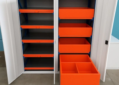 Стеллаж с дверями и выдвижными ящиками